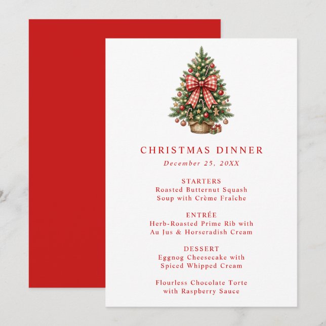 Menu Árvore de Natal em Aquarela Elegante com Laço de G (Frente/Verso)