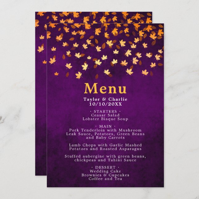 Menu Autumn Deixa Casamento Dourado e Roxo (Frente/Verso)