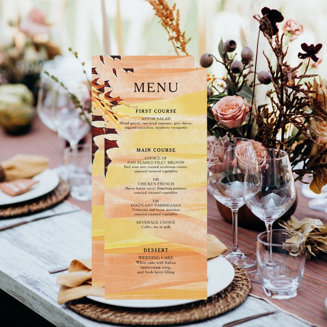 Menu Autumn Deixa O Casamento Amarelo Laranja (Autumn Leaves Orange Yellow Swirl Wedding Menu)