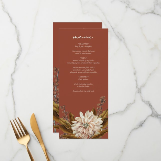 Menu Autumn Floral Terracotta Watercolor Casamento outo (Frente/Verso In Situ)