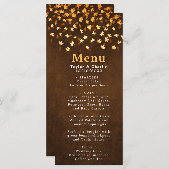 Menu Autumn Leaves Brown e Casamento Dourado (Frente/Verso)