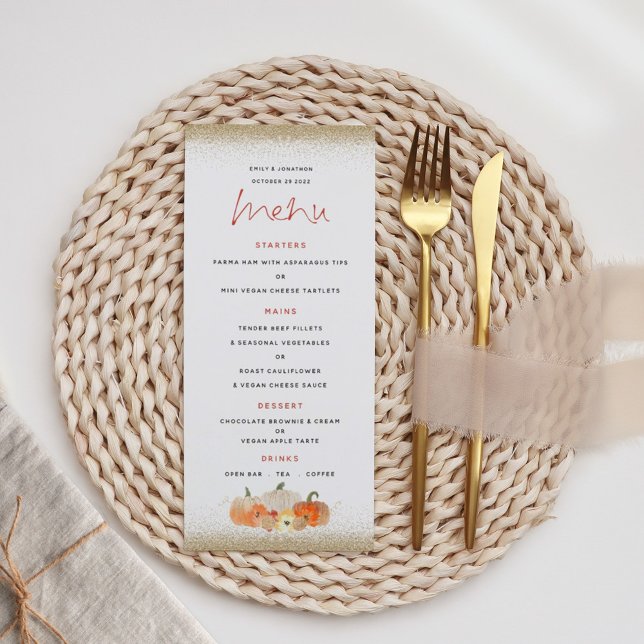 Menu Autumn Pumpkins Florals Dourado Casamento Glitter (Criador carregado)