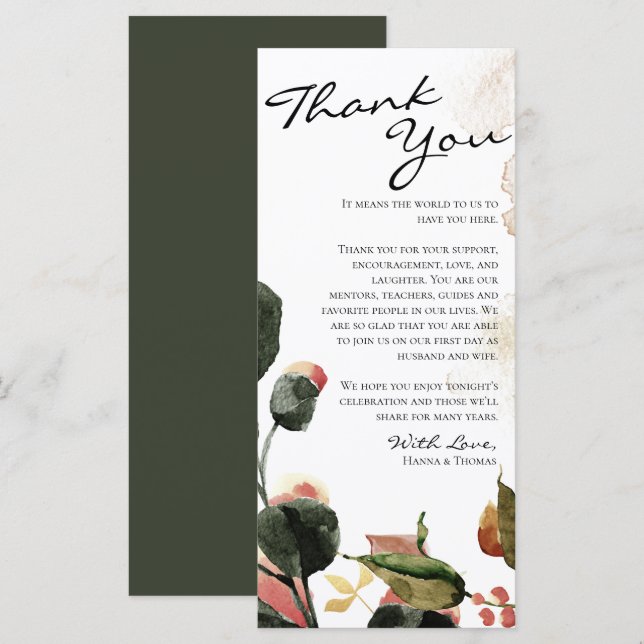 Menu Autumn Watercolor Floral Obrigado Placa (Frente/Verso)