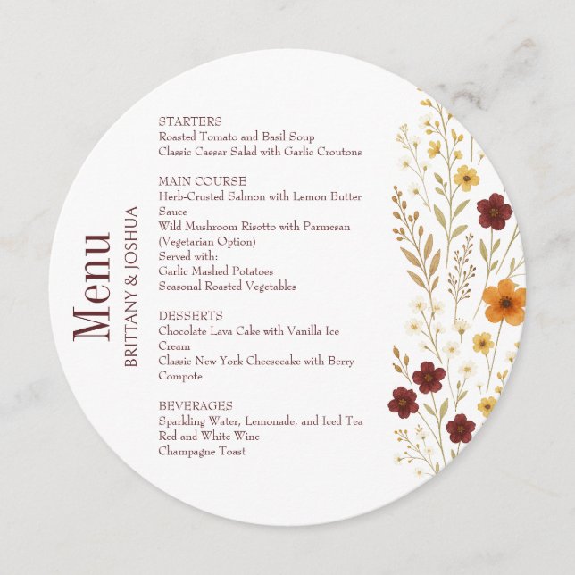 Menu Autumn Wildflower Elegant Boho Round (Frente)