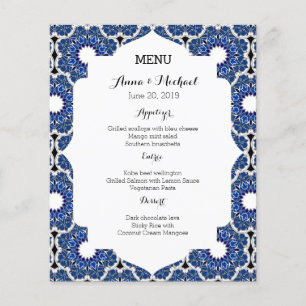 Menu azul bonito do casamento do índigo Rococo