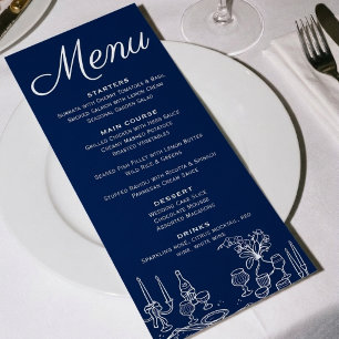 Menu Azul Cobalto Dinheiro Antigo Ilustrado Casamento C