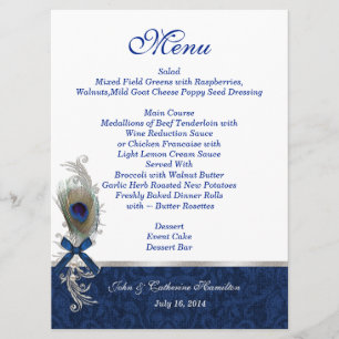 Menu azul da mesa do casamento da pena do damasco