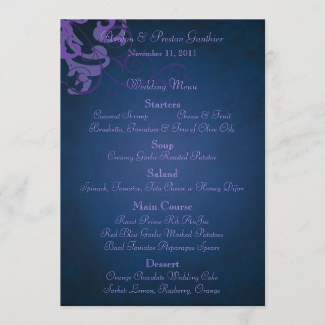 Menu azul do casamento do rolo roxo nobre (Frente)