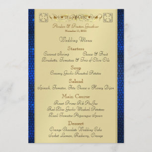 Menu azul do casamento do vitral do rolo do