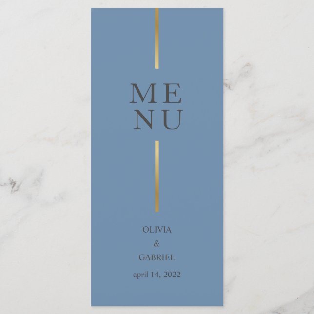 Menu Azul Dourado e preto. Simples janto de casamento m (Frente)