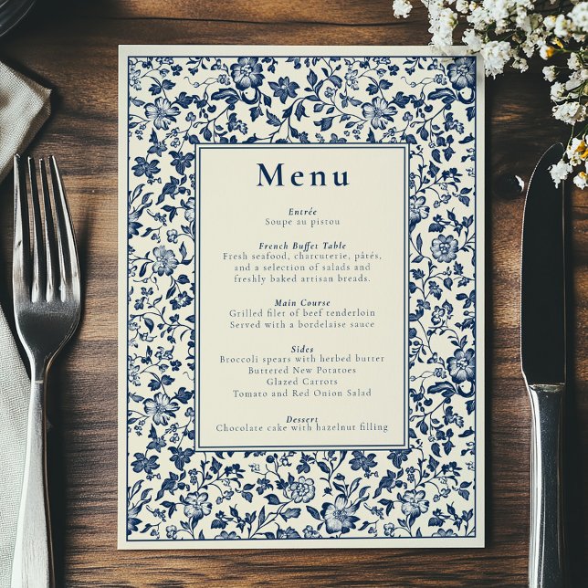 Menu azul e creme de temas botânicos elegantes (Botanical-themed menu, classic and timeless celebration. Delftware style antique border.)