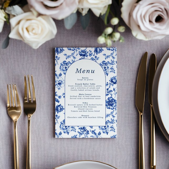 Menu azul e creme do software botânico Elegante (Elegant deep blue delftware style botanical menu, classic and timeless celebration frame.)