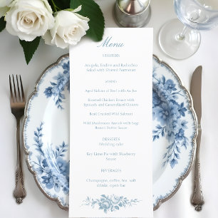 Menu Azul Elegante Clássico e Toile Floral Branco