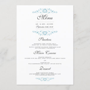 Menu azul elegante do comensal de casamento do