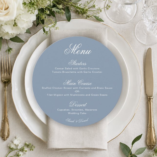 Menu Azul Empoeirado Círculo Simples Casamento Caligraf (Criador carregado)
