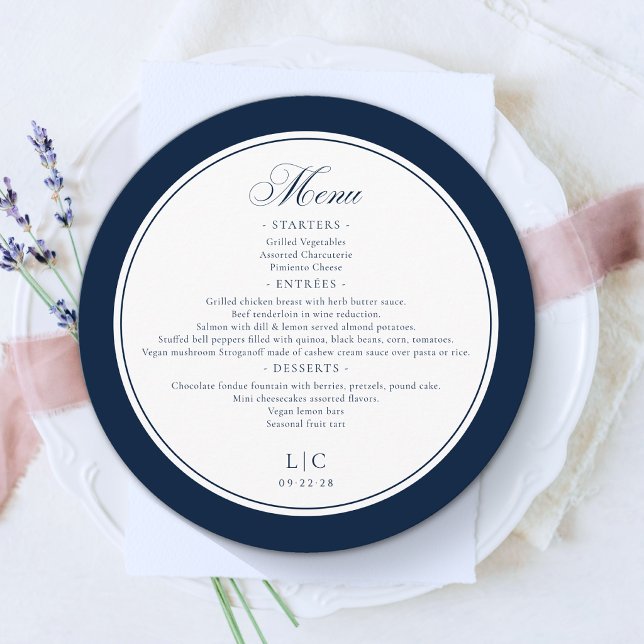 Menu Azul Marinho e Branco Casamento Redondo Elegante (Criador carregado)