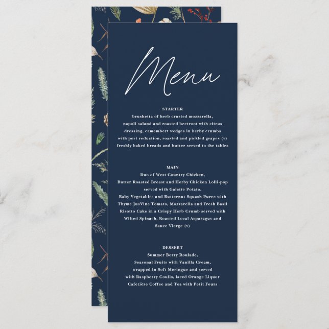 Menu Azul marinho floral botânico de aquarela caseira (Frente/Verso)