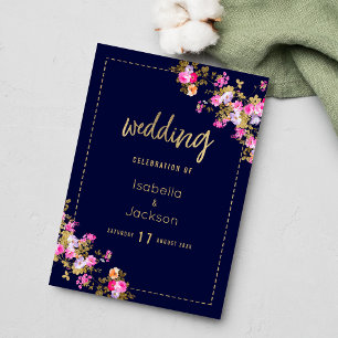 Menu Azul marinho vintage rosa floral dourado