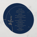 Menu Azul Místico Dourado Sol Lua Estende Casamento Esp<br><div class="desc">Mystical Blue Sun Moon Stars Espaço Cartões de Menu de Casamento Espacial apresentam estrelas douradas simples em um fundo azul com os detalhes do menu no centro em um script de caligrafia dourada moderno. Personalize editando o texto nas caixas de texto fornecidas. Projetado para você pelo Evco Studio © em...</div>