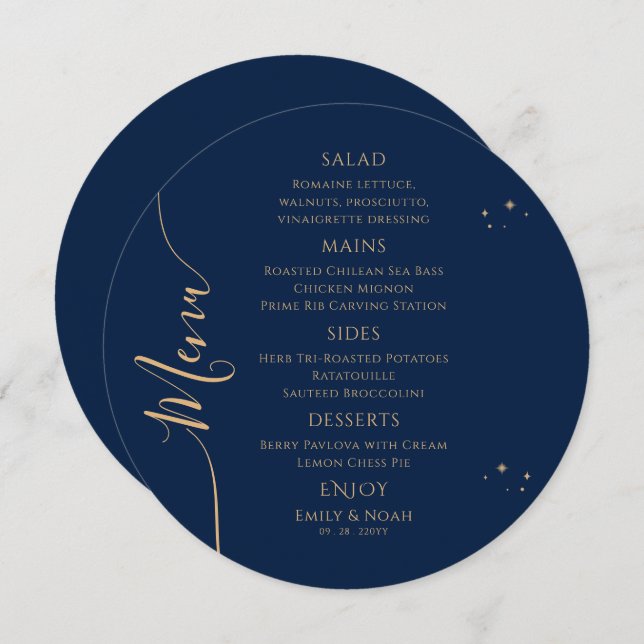 Menu Azul Místico Dourado Sol Lua Estende Casamento Esp (Frente/Verso)