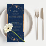 Menu Azul Místico Dourado Sol Lua Estende Casamento Esp<br><div class="desc">Místico Azul Dourado Sol Lua Estrelas Espaciais Cartões de Menu de Casamento Apresenta um raio sol dourado, lua e estrelas sobre um fundo azul com os seus detalhes cardápios no centro em um moderno roteiro de caligrafia dourada. Personalize editando o texto nas caixas de texto fornecidas. Projetado para você pelo...</div>