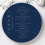 Menu Azul Místico Dourado Sol Lua Estende Casamento Esp<br><div class="desc">Mystical Blue Sun Moon Stars Espaço Cartões de Menu de Casamento Espacial apresentam estrelas douradas simples em um fundo azul com os detalhes do menu no centro em um script de caligrafia dourada moderno. Personalize editando o texto nas caixas de texto fornecidas. Projetado para você pelo Evco Studio © em...</div>