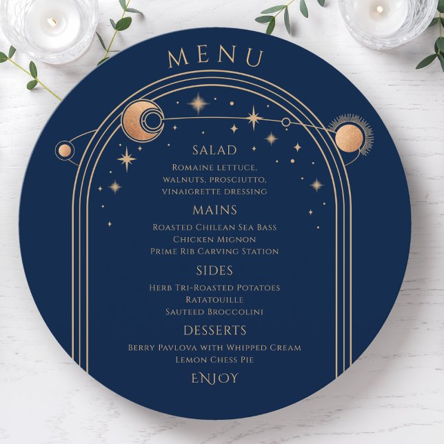 Menu Azul Místico Dourado Sol Lua Estende Casamento Esp (Criador carregado)