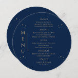 Menu Azul Místico Dourado Sol Lua Estende Casamento Esp<br><div class="desc">Mystical Blue Sun Moon Stars Espaço Cartões de Menu de Casamento Espacial apresentam estrelas douradas simples em um fundo azul com os detalhes do menu no centro em um script de caligrafia dourada moderno. Personalize editando o texto nas caixas de texto fornecidas. Projetado para você pelo Evco Studio © em...</div>