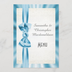 Menu azul pastel liso do casamento do arco da fita
