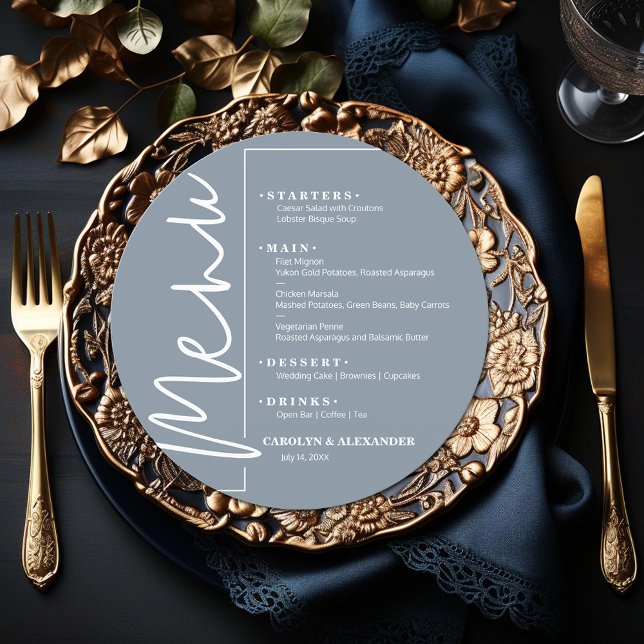 Menu Azul Poeirento Redondo Chic (Chic dusty blue round menu is ready to be personalized for your sit-down dinner occasion.)