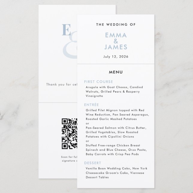 Menu Azul Poento E Comercial Ampersand Casamento | Códi (Frente/Verso)
