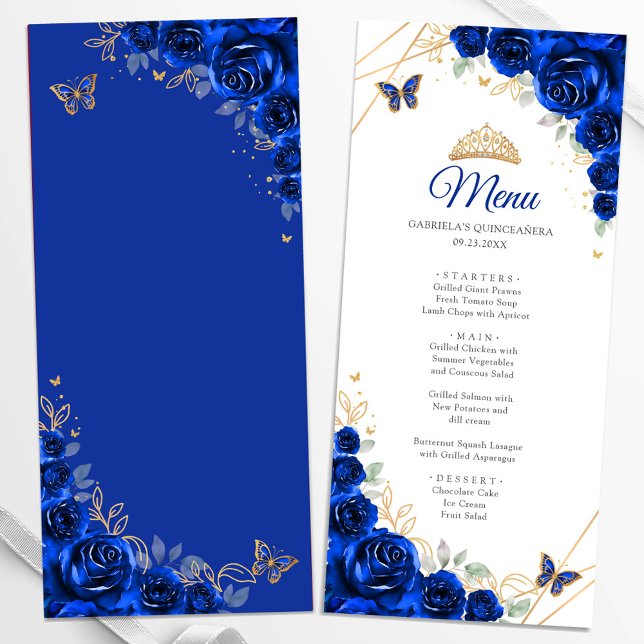 Menu Azul Real Dourado Floral Quinceanera (Criador carregado)