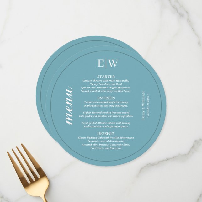 Menu Azul Retro Simples Elegante com Casamento Monogram (Frente/Verso In Situ)