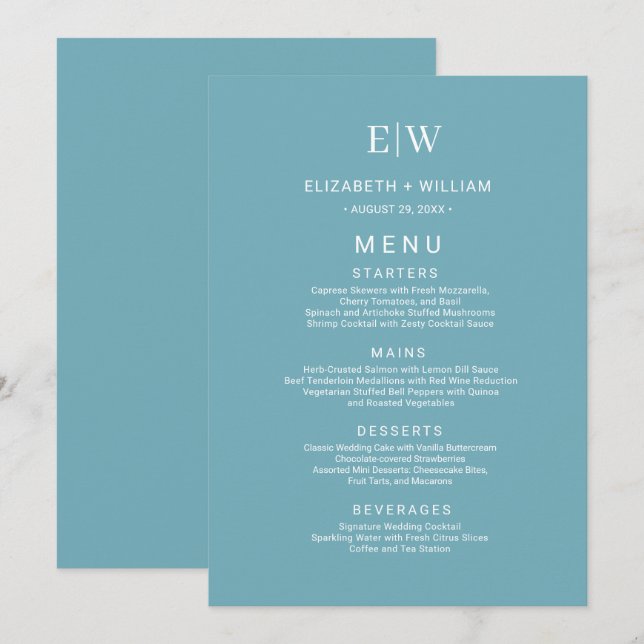 Menu Azul Retro Simples Elegante com Casamento Monogram (Frente/Verso)