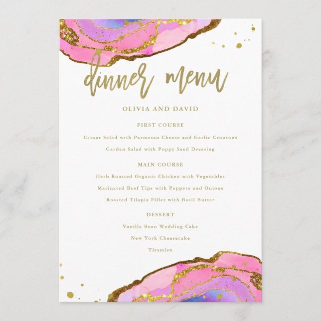 Menu Azul rosa e geode Dourado | Casamento (Frente)