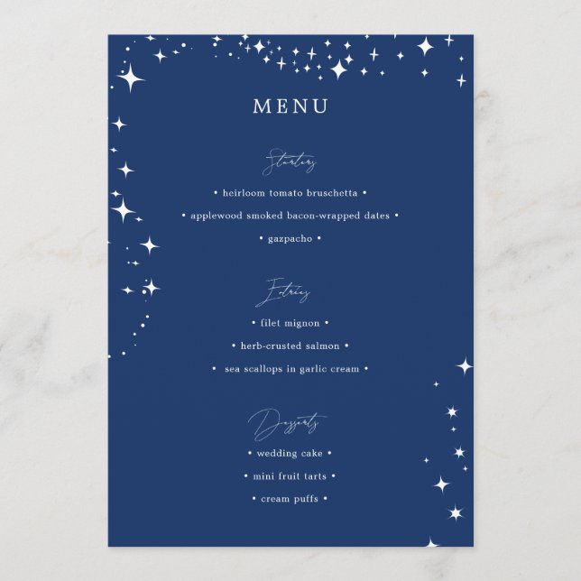 Menu Azul Simples de Casamento Elegante Celestial (Frente)