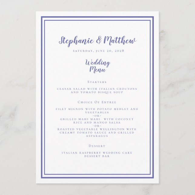 Menu Azul Vinca Moderno Simples Casamento Enmarcado Chi (Frente)