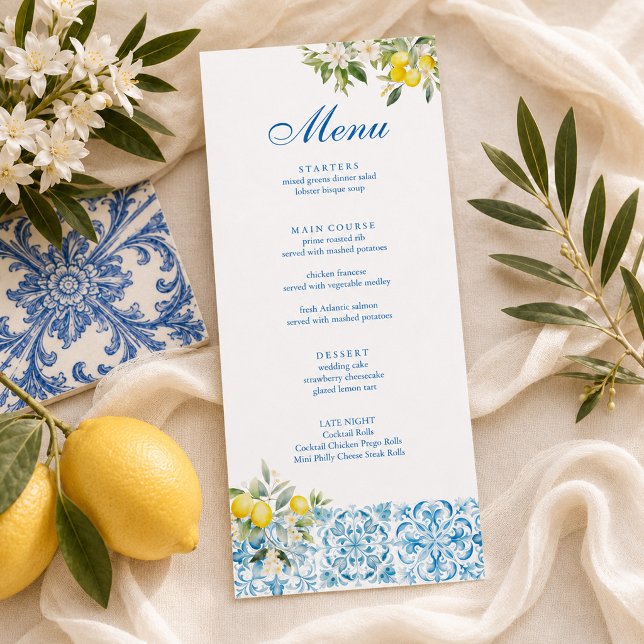 Menu Azulejo Azul de Limão Mediterrâneo Casamento (Mediterranean Lemon Blue Tile Wedding Menu)