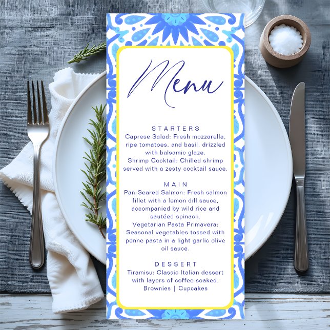 Menu Azulejo Azul Italiano Amarelo Baby Shower Minimal (Criador carregado)