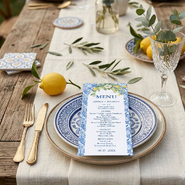 Menu Azulejo Mediterrâneo Azul Limão Boho Casamento Ita