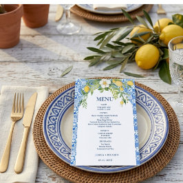 Menu Azulejo Mediterrâneo Azul Limão Boho Casamento Ita