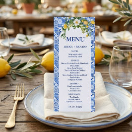 Menu Azulejo Mediterrâneo Azul Limão Boho Casamento Ita