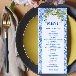 Menu Azulejo Mediterrâneo Azul Limão Boho Casamento Ita