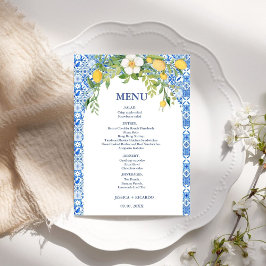 Menu Azulejo Mediterrâneo Azul Limão Boho Casamento Ita
