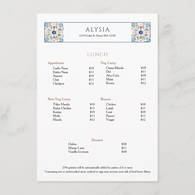 Menu Azulejo Simples Elegante Restaurante Europeu Almoç (Frente)