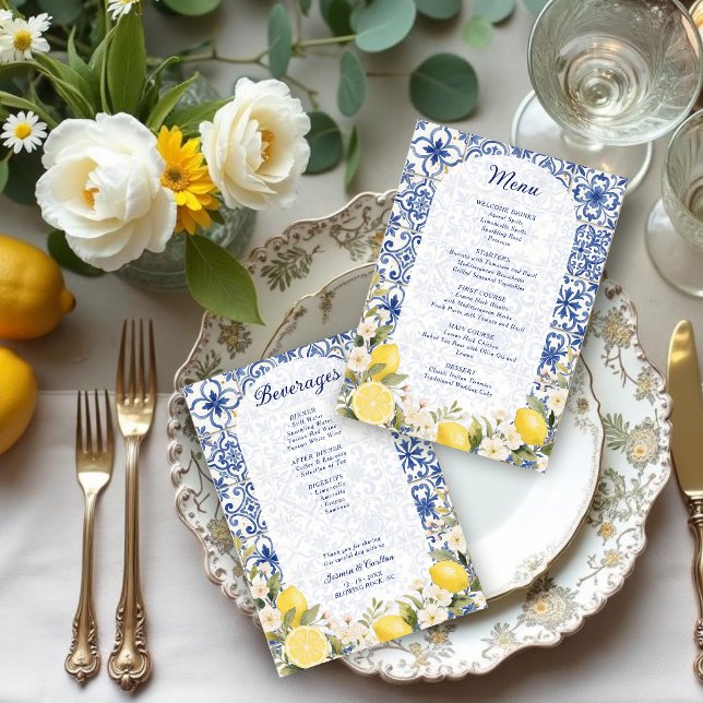 Menu Azulejos Mediterrâneos e Grinalda de Limão  (Mediterranean Tiles and Lemon Garland Wedding Menu.)