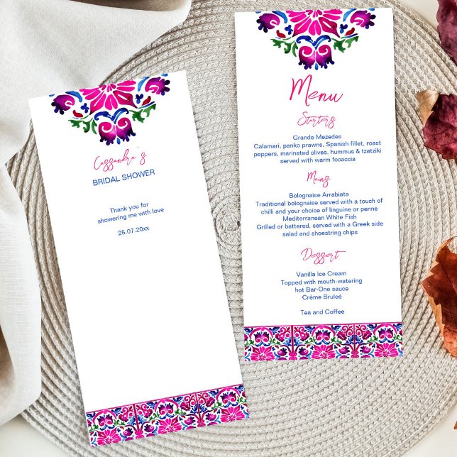 Menu Azulejos mexicanos de Talavera, azuis (Pink magenta blue Mexican Talavera tiles pattern bridal shower wedding menu card bright colorful)