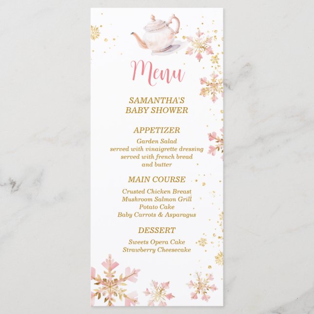 Menu Baby Is Brewing Pink Winter Tea Party Baby Shower (Frente)