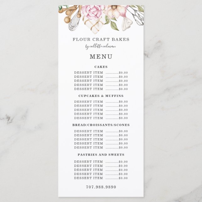 Menu Baker Bakery Watercolor Bakers Utensílios (Frente)