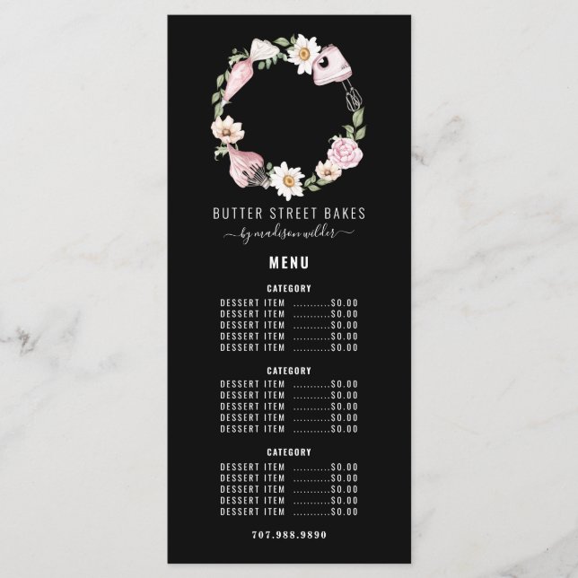 Menu Baker Pastelaria Aquarela Utensil Floral (Frente)